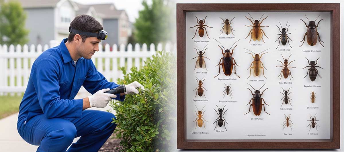 On the left, a pest control technician in a garden, on the right a collection of common insect pests
